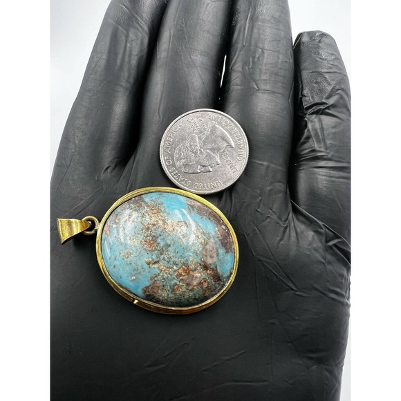 Natural Turquoise Pendant Metal Brass Handmade With Rope - Picture 2 of 11